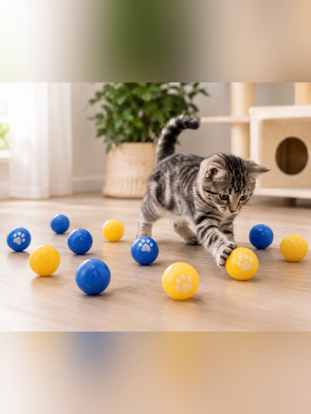 11 Pack Plastic Pet Play Balls Blue Yellow Paw Print Dog Cat Toy Ball Set